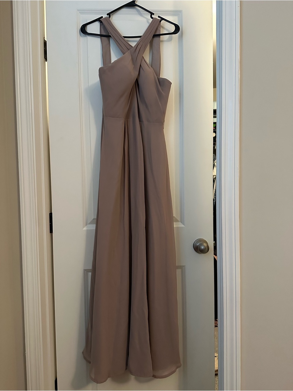 Azazie Taupe Cross-Strap Maxi Dress